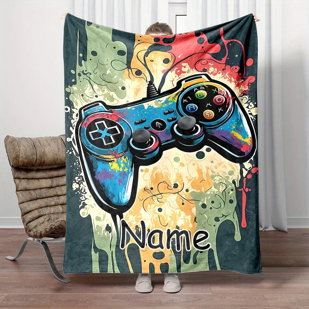 Customized Name Personalized Blanket Gamer Game Controller Pattern Warm Soft Blankets Home Travel and Comfortable Blanket