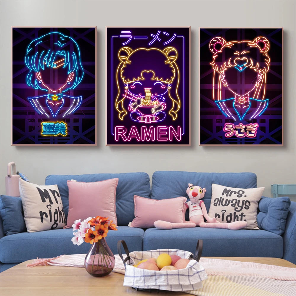 Anime Girl Neon Art Canvas