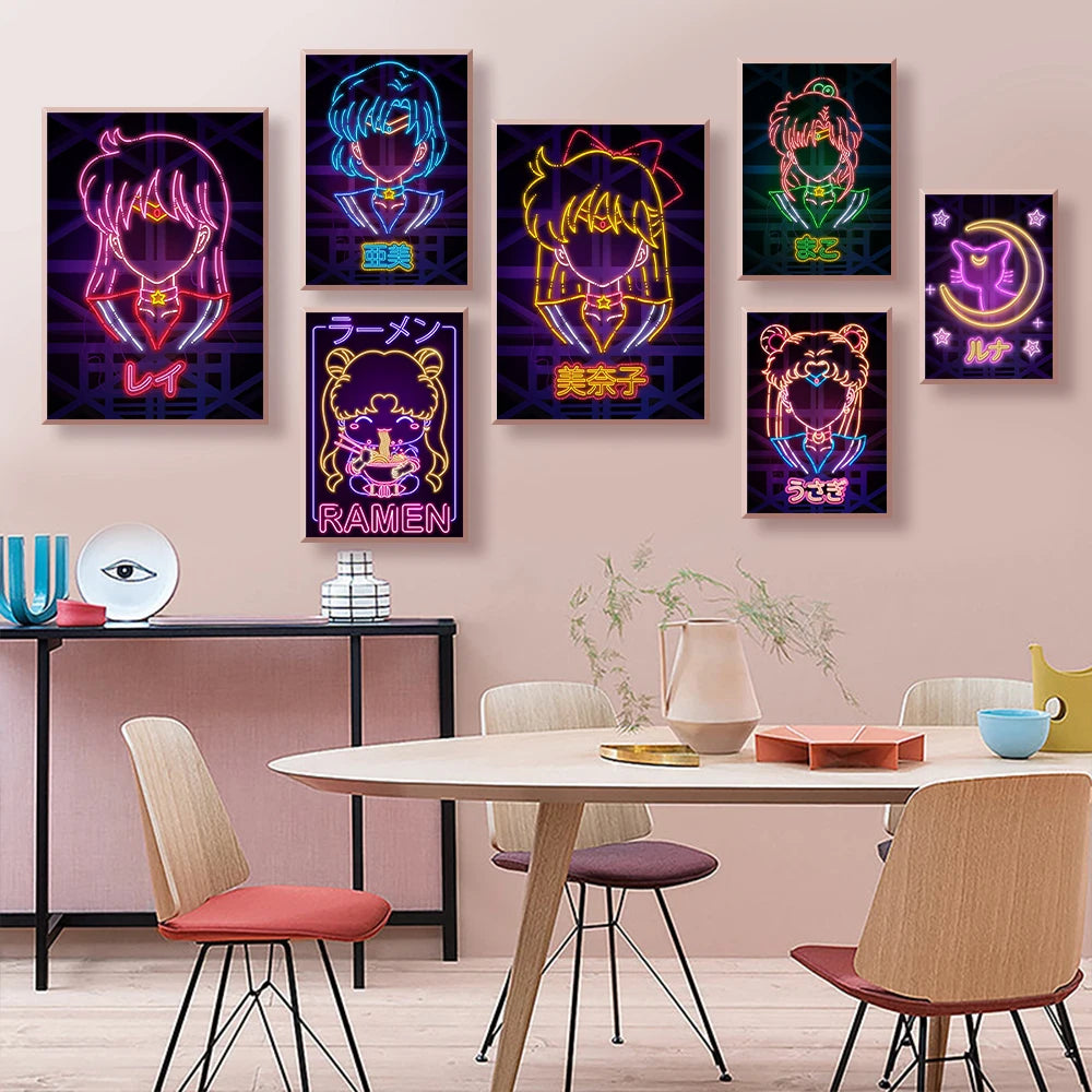 Anime Girl Neon Art Canvas